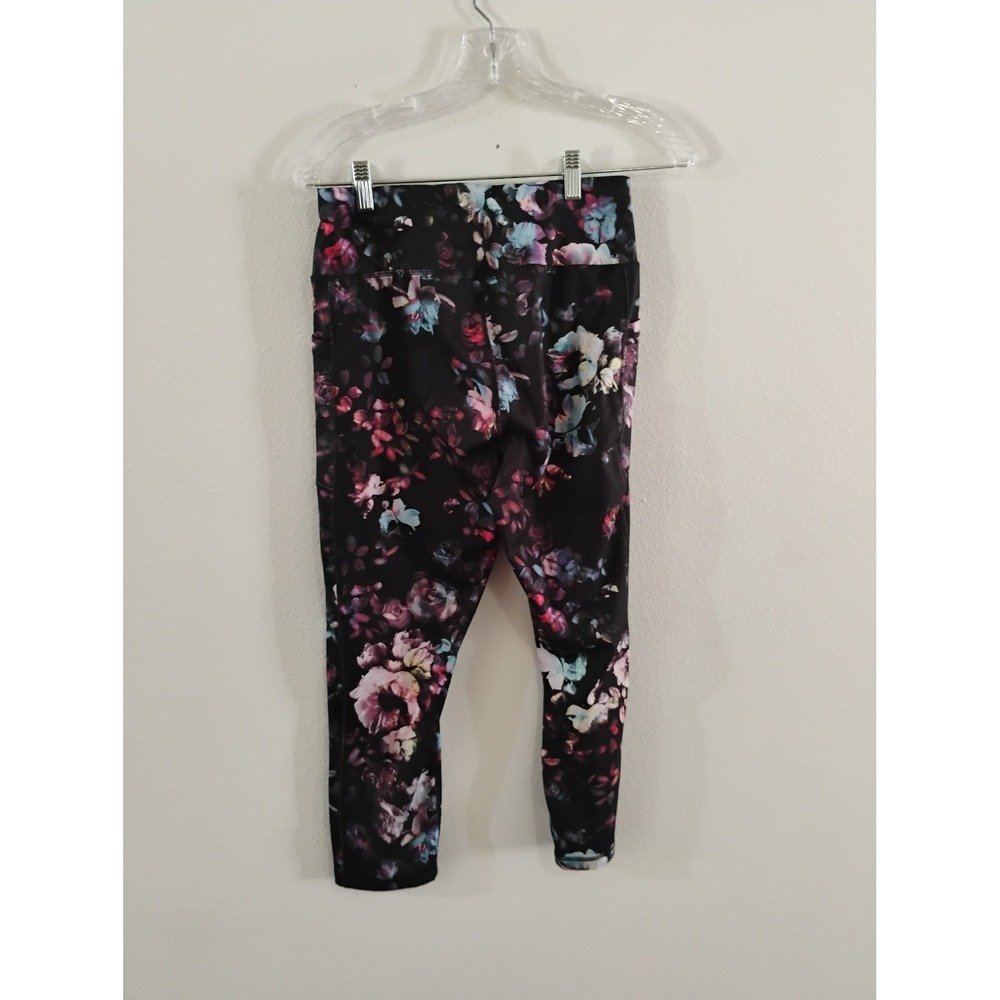 Avia Womens Floral High Waisted Active Leggings Black Pockets Size M 8-10